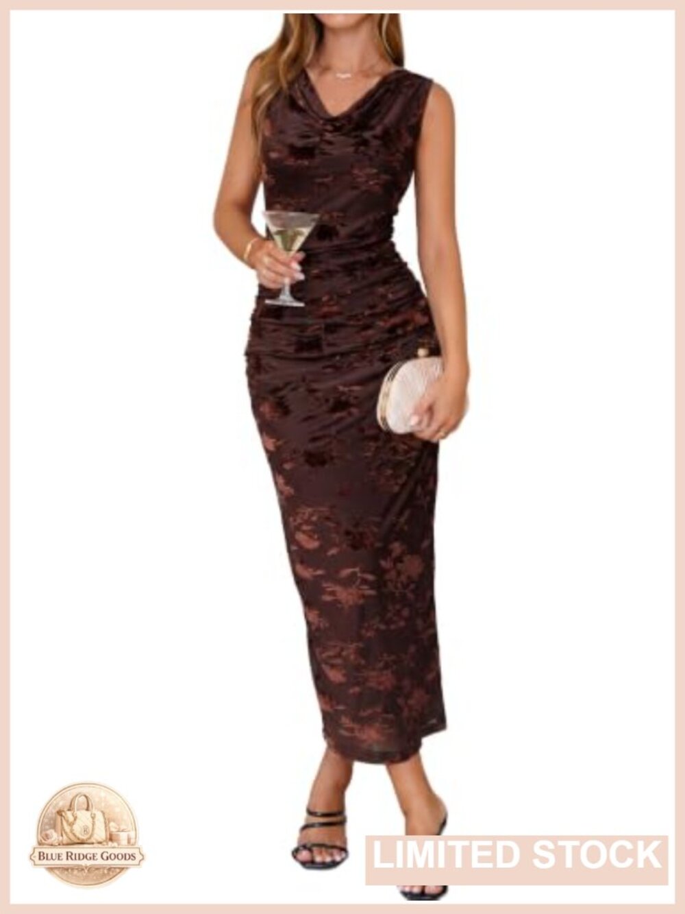 Velvet Burnout Floral Mesh Cowl Neck Sleeveless Ruched Maxi Dress Formal